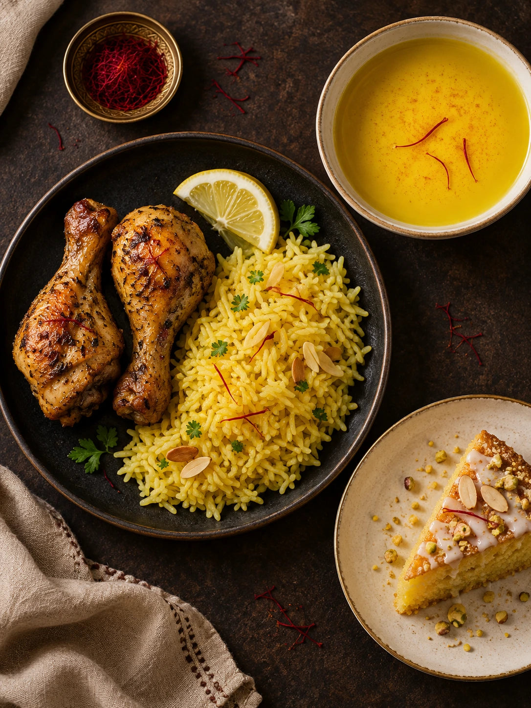 Overhead saffron rice with roasted chicken, golden soup and almond cake