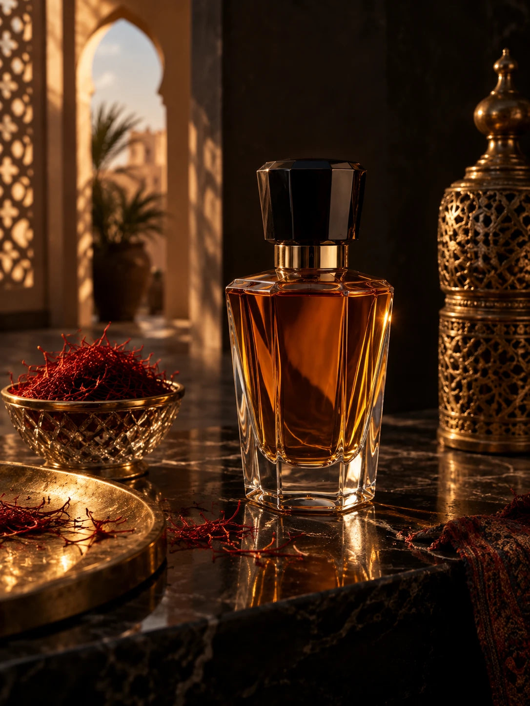 Unlabelled perfume flacon and red saffron threads
