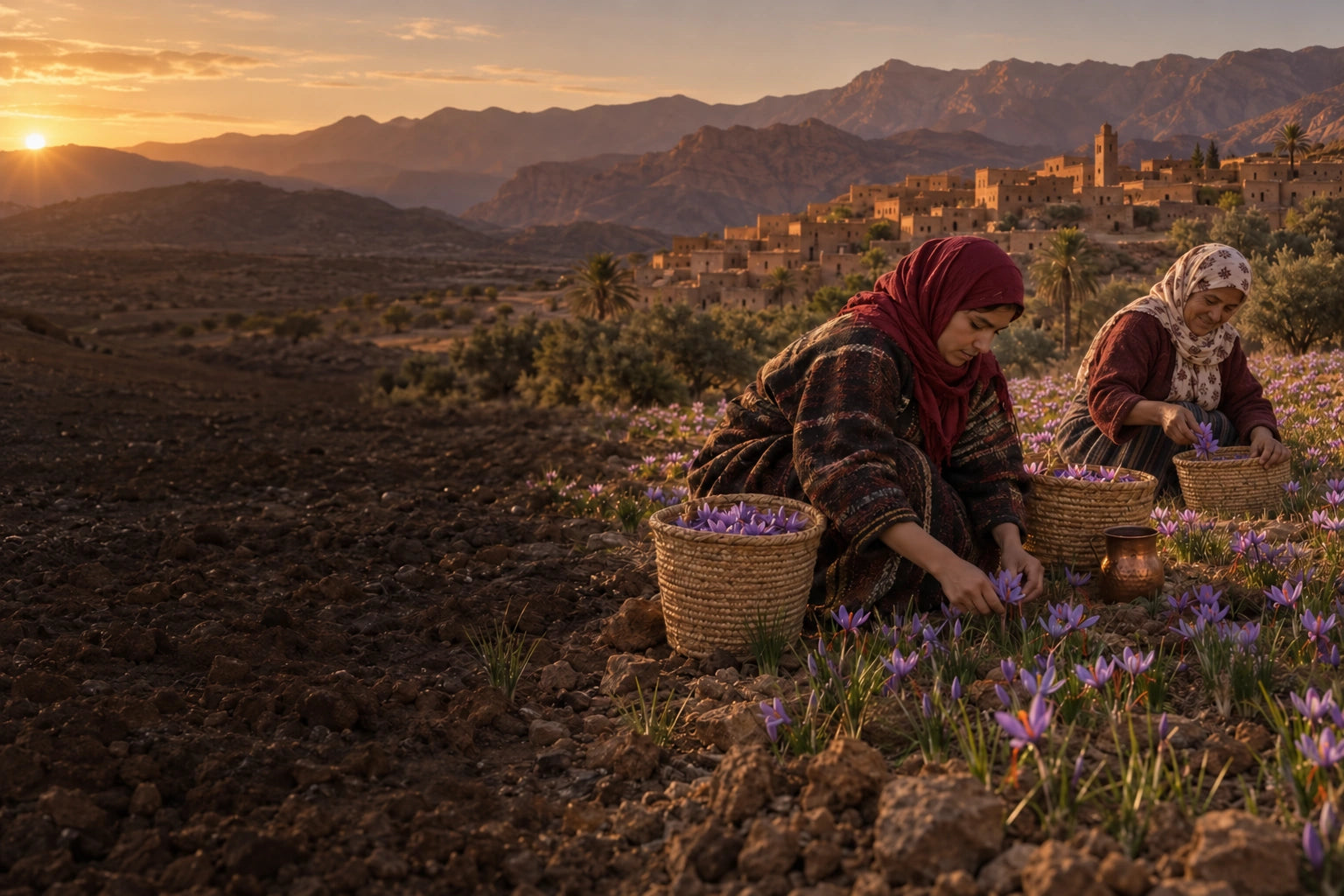 A scene of women harvesting saffron beneath the Anti-Atlas mountains
