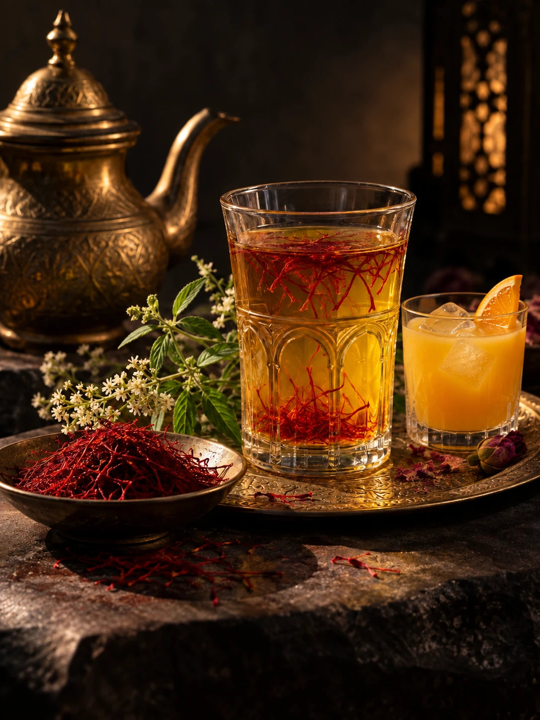 Saffron infusion in a Moroccan glass beside an iced citrus juice, with herbs