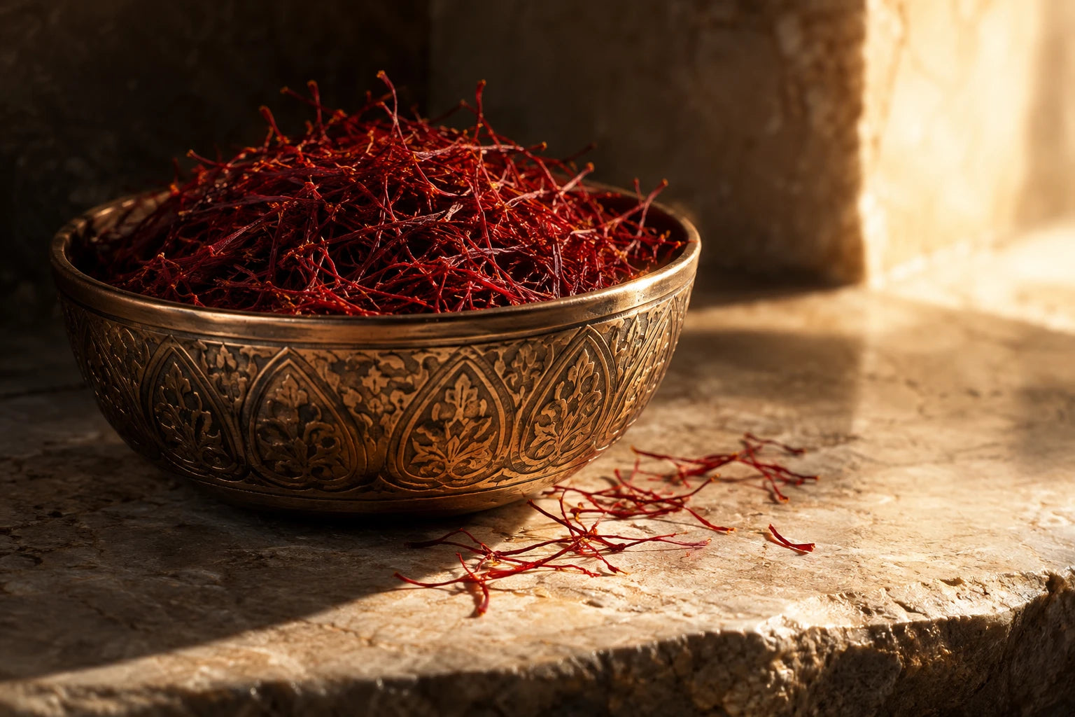 Fine red saffron threads in an engraved copper bowl