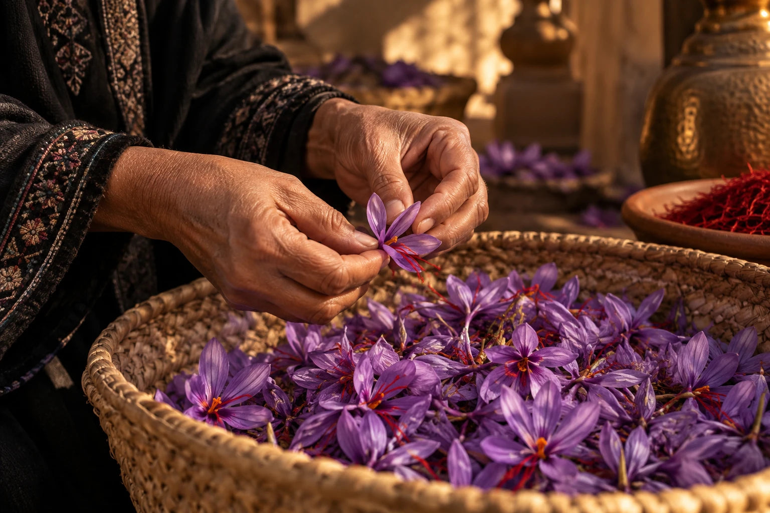 Hands sorting saffron flowers in a woven basket